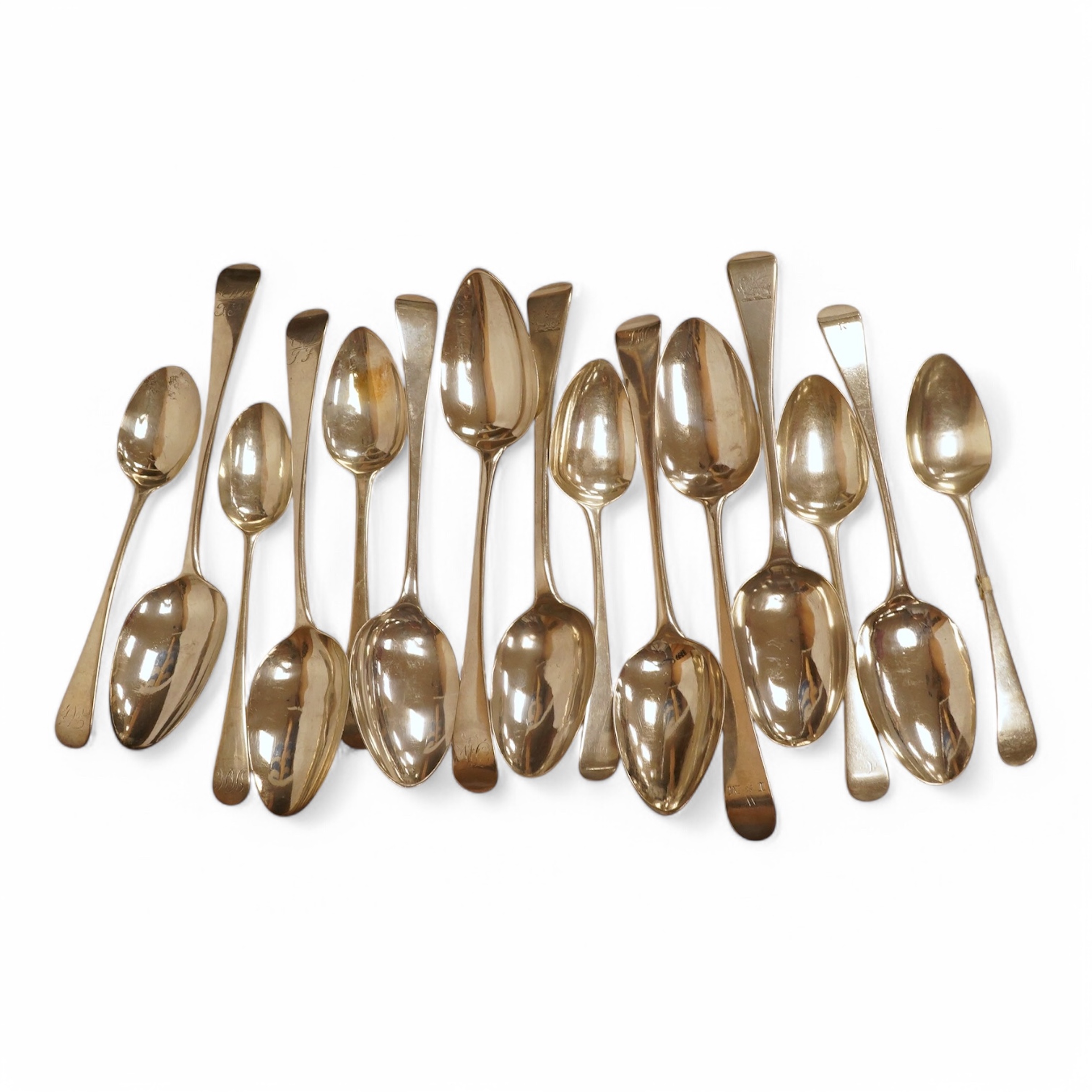 Nine assorted George III and later silver Old English table spoons, various dates and makers, including Peter, Ann & William Bateman and William Bateman, all with engraved initials or crest, together with six assorted si